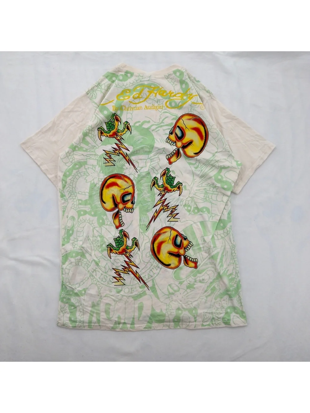 Vintage Ed Hardy Christian Audigier All Over Print T-Shirt 3XL White Green RARE